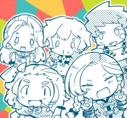  2girls 3boys alchemist_(sekaiju) alchemist_4_(sekaiju) bandaid bandaid_on_cheek bandaid_on_face bard_(sekaiju) bard_3_(sekaiju) bow braid burger chibi chibi_only commentary_request dark_hunter_(sekaiju) dark_hunter_4 facing_viewer food hair_bow hands_up holding holding_burger holding_food looking_at_viewer lowres medic_(sekaiju) medic_4_(sekaiju) motimamire mouth_hold multiple_boys multiple_girls o_o open_mouth sailor_collar sekaiju_no_meikyuu sekaiju_no_meikyuu_1 short_hair single_braid smile stalk_in_mouth swordsman_(sekaiju) swordsman_1_(sekaiju) x_navel 