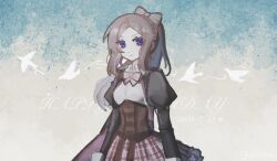  1girl aqua_background arms_at_sides assault_lily bird black_jacket blue_eyes bow bow-shaped_hair bowtie brown_bow brown_bowtie brown_hair brown_skirt chinese_commentary closed_mouth collared_shirt commentary_request corset cowboy_shot gatti_love gradient_background grey_background happy_birthday highres ichinomiya_michaela_himari jacket juliet_sleeves light_smile long_hair long_sleeves looking_at_viewer ludvico_private_girls'_academy_school_uniform open_clothes open_jacket parted_bangs plaid_clothes plaid_skirt ponytail puffy_sleeves school_uniform shirt silhouette skirt solo standing two-tone_background underbust white_shirt 