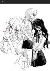  2girls art_program_in_frame bandage_over_one_eye bandaged_arm bandages bracelet breasts collared_shirt commentary_request fang genderswap genderswap_(mtf) hair_between_eyes hand_on_own_hip highres jewelry long_hair long_skirt looking_at_viewer medium_hair messy_hair michael_roa_valdamjong miniskirt multiple_girls own_hands_together plaid_clothes plaid_skirt red_eyes red_nails ribbon rong301718 school_uniform shirt sketch skin_fang skirt sleeves_rolled_up smile sweat thigh-highs tohno_shiki_(original) tsukihime unbuttoned unbuttoned_shirt wavy_hair wing_collar 