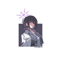  1girl absurdres black_background blue_archive breasts chest_harness closed_mouth coat commentary_request dated grey_necktie grey_shirt halo harness highres large_breasts looking_at_viewer necktie open_collar purple_hair purple_halo shaded_face shirt short_hair simple_background solo subaru_(blue_archive) toucho3691 upper_body violet_eyes white_background white_coat 