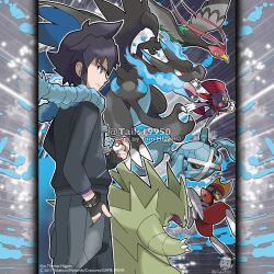  1boy absurdres alain_(pokemon) artist_name bisharp black_gloves black_hair black_jacket black_pants black_sclera blue_eyes blue_fire blue_scarf bracelet bright_pupils charizard claws closed_mouth colored_sclera commentary company_name copyright_notice dragon dragon_wings english_commentary fangs fingerless_gloves fingernails fire from_side gloves highres holding holding_poke_ball jacket jewelry male_focus mega_charizard_x mega_ring mega_stone merchandise_available metagross official_style open_mouth outline pants poke_ball poke_ball_(basic) pokemon pokemon_(anime) pokemon_(creature) pokemon_team pokemon_the_series:_xy scarf short_hair standing tom_higgins tongue tyranitar unfezant unfezant_(male) v-shaped_eyes watermark weavile white_outline white_pupils wings yellow_eyes 