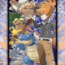 1boy absurdres alakazam arcanine artist_name belt black_belt black_jacket blastoise blue_oak brown_eyes brown_hair brown_pants claws closed_mouth commentary company_name copyright_notice english_commentary exeggutor fangs from_side grin hand_on_own_hip highres holding holding_poke_ball horns jacket long_sleeves male_focus merchandise_available multiple_heads official_style open_mouth outline pants pidgeot poke_ball poke_ball_(basic) pokemon pokemon_(creature) pokemon_heartgold_and_soulsilver pokemon_team red_eyes rhydon short_hair single_horn smile spiky_hair standing tom_higgins v-shaped_eyes watermark white_outline 