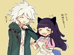  1boy 1girl animal_ears apron ayu_(mog) bandaged_arm bandages blush cat_ears closed_eyes commentary_request danganronpa_(series) danganronpa_2:_goodbye_despair fake_animal_ears green_jacket holding holding_leash hood hood_down hooded_jacket jacket komaeda_nagito leash leash_pull messy_hair mole open_clothes open_jacket pink_shirt print_shirt puffy_short_sleeves puffy_sleeves purple_hair shirt short_sleeves simple_background translation_request tsumiki_mikan upper_body white_apron white_hair yellow_background 