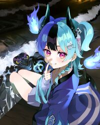  1girl absurdres achichi_mela aqua_hair black_hair black_mask braid commentary_request earrings eye_mask fire_hair_ornament gradient_horns hair_ornament hairclip highres hololive horns index_finger_raised jewelry knowa_0527 long_hair looking_at_viewer mask multicolored_hair multicolored_horns nail_polish pink_eyes purple_hair sharp_teeth sitting solo split-color_hair tassel tassel_hair_ornament teeth two_side_up unworn_mask virtual_youtuber 