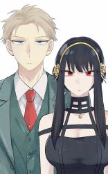  1boy 1girl black_dress black_hair blonde_hair blue_eyes breasts closed_mouth collarbone collared_shirt dress earrings frown gold_earrings gold_hairband green_jacket green_vest hairband highres jacket jewelry lapel_pin large_breasts long_sidelocks looking_at_viewer moduk2222 necktie red_eyes red_necktie shirt short_hair short_hair_with_long_locks sidelocks simple_background spy_x_family twilight_(spy_x_family) upper_body vest white_background yor_briar 