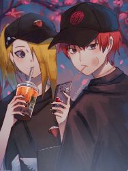  2boys aoi3ckmoon asymmetrical_bangs bag baseball_cap black_eyeliner black_nails black_shirt blonde_hair blue_eyes branch candy cherry_blossoms deidara_(naruto) drink drinking_straw drinking_straw_in_mouth eyeliner food food_in_mouth hat high_ponytail highres holding holding_drink lollipop lollipop_in_mouth long_hair looking_at_another looking_at_viewer makeup male_focus multiple_boys naruto_(series) naruto_shippuuden official_alternate_costume ponytail red_eyes red_hair shirt shoulder_bag 