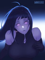  1girl artist_name bare_shoulders black_dress black_gloves black_hair blunt_bangs breasts commentary crescent crescent_earrings darkfleece dress earrings gloves glowing glowing_eyes highres hyuuga_hinata jewelry large_breasts long_hair looking_at_another naruto:_the_last naruto_(series) pale_skin parted_lips sidelocks solo teeth upper_teeth_only violet_eyes 