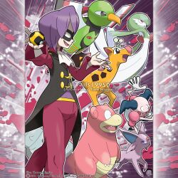  1boy absurdres artist_name ascot black_mask black_vest commentary company_name copyright_notice english_commentary espeon eye_mask fang fingernails forehead_jewel from_side gardevoir girafarig highres long_sleeves male_focus mask merchandise_available mr._mime official_style open_mouth outline pants pokemon pokemon_(creature) pokemon_heartgold_and_soulsilver pokemon_team psychic_type_theme_(pokemon) purple_hair red_eyes red_pants short_hair slowbro smile tom_higgins vest watermark white_ascot white_outline will_(pokemon) xatu 