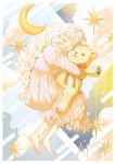  1girl artist_name barefoot border child closed_eyes crescent curly_hair cursive full_body gavin_(jypic) highres hug hugging_object korean_commentary nightgown original pink_nightgown smile soles solo star_(symbol) stuffed_animal stuffed_toy teddy_bear toes toy white_border white_hair 