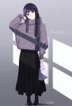  1girl adjusting_hair artist_name black_skirt contemporary dated fern_(sousou_no_frieren) grey_background highres long_skirt nii_manabu purple_hair purple_sweater reflection skirt solo sousou_no_frieren sweater violet_eyes 