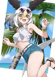  1girl :d alternate_costume american_flag bald_eagle_(kemono_friends) bare_arms bare_legs bare_shoulders beach belt bird_girl bird_tail bird_wings black_hair blonde_hair blue_shorts blush bracelet breasts casual commentary crop_top cutoffs day denim denim_shorts eyewear_on_head flip-flops green_eyes hair_between_eyes head_wings heart heart-shaped_eyewear highres jewelry kemono_friends long_hair looking_at_viewer midriff multicolored_hair navel ocean open_mouth outdoors palm_tree pink-framed_eyewear sandals shirt short_hair short_shorts shorts sleeveless sleeveless_shirt smile solo stomach sunglasses tail tanabe_(fueisei) tank_top tree white_belt white_hair white_shirt wings yellow_eyes 