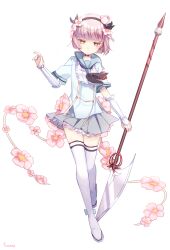  1girl absurdres armband artist_name black_hairband bud commentary english_commentary flower grey_skirt hair_flower hair_ornament hairband highres holding holding_polearm holding_weapon magical_girl mahou_shoujo_ikusei_keikaku pink_hair pleated_skirt polearm sailor_collar school_uniform short_hair skirt snow_white_(mahoiku) spear thigh-highs weapon white_background white_flower white_thighhighs yellow_eyes yunare 