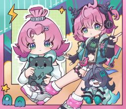  2girls ahoge akawaquack aqua_jacket black_gloves black_shirt blue_shorts closed_mouth commentary dress elbow_gloves fingerless_gloves ghost_girl ghost_hair_ornament ghost_pose ghost_tail gloves green_dress hair_ornament headphones highres jacket linko_(couch_potato)_(nte) linko_(nte) looking_at_viewer multiple_girls neck_pillow neverness_to_everness o-ring o-ring_thigh_strap official_alternate_costume open_mouth pink_hair shirt shoes shorts smile socks thigh_strap tied_shirt v white_shirt white_shoes white_socks xiaozhen_(nte) 
