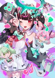 1girl aimiya_777 aria_(human)_(zenless_zone_zero) aria_(zenless_zone_zero) bare_shoulders black_hair black_thighhighs blush bow cake cake_slice colored_inner_hair commentary_request food green_bow hair_bow hair_ornament hands_up heart looking_at_viewer multicolored_hair musical_note nangong_yu one_eye_closed open_mouth pink_hair red_eyes smile sunna_(zenless_zone_zero) thigh-highs twintails v white_wings wings zenless_zone_zero 