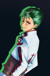  1boy absurdres blue_eyes commentary cropped_jacket drop_shadow dutch_angle earrings eiyuu_densetsu english_commentary from_side green_background green_hair green_streaks hair_slicked_back half-closed_eye highres jacket jewelry kevin_graham long_sleeves looking_at_viewer male_focus multicolored_hair one_eye_closed parted_bangs rinzxzx7 short_hair simple_background smile solo sora_no_kiseki sora_no_kiseki_sc spiky_hair streaked_hair turning_head two-tone_hair upper_body white_jacket 