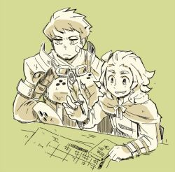  2boys armor bandaid bandaid_on_cheek bandaid_on_face bard_(sekaiju) bard_3_(sekaiju) chest_guard cloak closed_mouth commentary_request earrings green_background half-closed_eyes holding holding_quill jewelry male_focus motimamire multiple_boys pauldrons quill ring sekaiju_no_meikyuu sekaiju_no_meikyuu_1 short_hair shoulder_armor sitting smile swordsman_(sekaiju) swordsman_1_(sekaiju) vambraces very_short_hair 