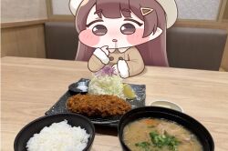  1girl brown_coat brown_eyes brown_hair chibi coat commentary_request cutlet drooling fewer_digits food fur-trimmed_coat fur_trim hair_ornament hairclip highres indoors mixed_media photo_background rice rohne_(love_letter_in_monatium)_(trickcal) rohne_(trickcal) soup suwa_yasai triangle_hair_ornament trickcal upper_body 