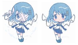 1girl @lm bandage_over_one_eye bandaged_head bandaged_leg bandages blue_boots blue_collar blue_eyes blue_gem blue_gloves blue_hair blue_shirt blue_skirt blue_sleeves blush_stickers boots buttons cape chibi closed_mouth clothing_cutout collar collared_cape commentary_request covered_mouth detached_collar detached_sleeves determined diamond_button eyes_visible_through_hair floating_cape fortissimo frilled_shirt frills frown gem gloves hair_ornament hairclip high_collar highres long_sleeves magical_girl mahou_shoujo_madoka_magica mahou_shoujo_madoka_magica:_walpurgis_no_kaiten miki_sayaka miki_sayaka_(magical_girl) miniskirt musical_note musical_note_hair_ornament pleated_skirt shirt short_hair simple_background single_thighhigh skirt soul_gem_(madoka_magica) standing stomach_cutout stomach_jewel strapless strapless_shirt tareme thighhighs two-tone_shirt variations white_background white_cape white_shirt white_thighhighs