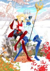  1boy 1girl 6+others absurdres animal aqua_eyes bike_shorts bird black_gloves blonde_hair blush boots cape closed_eyes collar commentary_request drill_hair erika_wagner gloves hair_between_eyes highres ice_flower jacket leaning_on_person londrekia_light moss multiple_others murasakiumeno outdoors over-kneehighs owl rabbit short_hair sitting snow squirrel thigh-highs tree twin_drills twintails under_night_in-birth white_hair white_rabbit_(animal) winter 