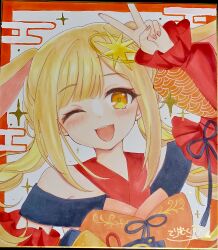  1girl :d ;d absurdres animal_ears arm_up bare_shoulders blonde_hair bow cho_kaguya-hime! commentary_request detached_sleeves egasumi floppy_ears highres ia_(vocaloid) kaguya_(cho_kaguya-hime!) long_hair long_sleeves one_eye_closed orange_bow orange_eyes photo_(medium) pink_nails puffy_long_sleeves puffy_sleeves rabbit_ears red_sleeves shikishi sleeves_past_wrists smile solo terimuku traditional_media twintails upper_body v 