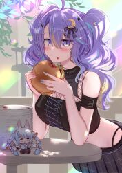  1girl ahoge alternate_hairstyle blonde_hair blush breasts burger character_doll colored_inner_hair commentary_request crescent crescent_hair_ornament doll eating food food_on_face hair_ornament hairclip heart-shaped_stain highres holding holding_burger holding_food hololive hololive_indonesia huziiro_matutya long_hair looking_at_viewer moona_hoshinova moona_hoshinova_(punk_rock) multicolored_hair official_alternate_costume plate purple_hair solo star_(symbol) star_hair_ornament starry_hair stuffed_toy twintails usada_pekora violet_eyes virtual_youtuber 