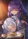  2girls black_coat book closed_mouth coat commentary elf fern_(sousou_no_frieren) grey_hair hagure_keg highres long_hair long_sleeves multiple_girls open_book parted_lips pointy_ears purple_hair sleeping smile sousou_no_frieren twintails violet_eyes 