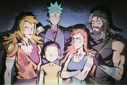 2girls 3boys absurdres bandages beard beth_smith black_jacket blonde_hair brown_hair chinese_commentary closed_mouth commentary_request crossed_arms evil_smile facial_hair family hand_on_another's_shoulder highres jacket jerry_smith looking_at_viewer morty_smith multiple_boys multiple_girls red_hair rick_and_morty rick_prime serious shirt smile summer_smith yellow_shirt 