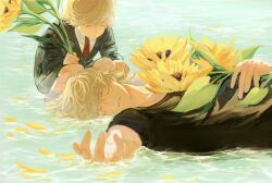  2boys age_comparison aged_down barnaby_brooks_jr. black_shirt black_shorts black_suit blonde_hair closed_eyes colored_eyelashes commentary expressionless flower hand_on_own_stomach highres holding holding_flower leaf lying male_focus multiple_boys necktie on_back outdoors outstretched_hand parted_lips partially_submerged petals petals_on_liquid red_necktie roqkrcldhkdhk shirt shorts smile socks squatting striped_clothes striped_necktie suit sunflower tiger_&amp;_bunny untranslatable_commentary upper_body water white_socks 