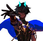  1boy arjuna_(fate) arjuna_alter_(fate) black_eyes black_gloves black_hair blue_capelet capelet dark-skinned_male dark_skin facing_viewer fate/grand_order fate_(series) gloves hair_over_one_eye horns looking_at_viewer male_focus short_hair smile solo towa_(10_wa) white_background 