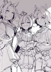  3girls amano_(amano_miko) animal_ears blue_eyes character_request highres horse_ears horse_tail looking_at_viewer multiple_girls orfevre_(umamusume) sketch smile t.m._opera_o_(umamusume) tagme tail umamusume 