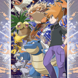  1boy absurdres aerodactyl alakazam arcanine artist_name black_shirt blastoise blue_oak brown_eyes brown_hair claws closed_mouth collared_shirt commentary company_name copyright_notice english_commentary exeggutor fangs from_side green_eyes grin hand_in_pocket highres jewelry lower_teeth_only male_focus merchandise_available multiple_heads necklace official_style open_mouth outline pants pidgeot poke_ball poke_ball_(basic) pokemon pokemon_(creature) pokemon_firered_and_leafgreen pokemon_team purple_pants sharp_teeth shirt short_hair short_sleeves smile spiky_hair standing teeth tom_higgins v-shaped_eyes watermark white_outline wristband 