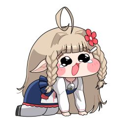  1girl absurdres ahoge all_fours alled_thundes black_shoes blue_dress blunt_bangs blush_stickers braid chibi commentary crying dress elf english_commentary flower flower_ornament hair_flower hair_ornament highres indie_virtual_youtuber kneeling long_sleeves lyydia_(sunako) open_mouth pinafore_dress pointy_ears red_flower shirt shoes side_braids simple_background sleeveless sleeveless_dress solo thigh-highs tongue virtual_youtuber white_background white_shirt white_thighhighs 