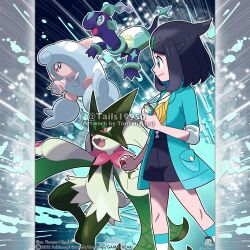  +_+ 1girl absurdres aqua_eyes aqua_jacket artist_name bag black_hair black_shorts commentary company_name copyright_notice crossbody_bag english_commentary eyelashes fang from_side hair_ornament hattrem highres holding holding_poke_ball jacket jewelry liko_(pokemon) medium_hair meowscarada merchandise_available official_style open_clothes open_jacket open_mouth outline pendant pink_eyes poke_ball poke_ball_(basic) pokemon pokemon_(anime) pokemon_(creature) pokemon_horizons pokemon_team shirt shorts smile terapagos terapagos_(normal) tom_higgins watermark white_outline white_shirt yellow_bag 