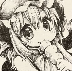  1girl animal_ear_fluff animal_ears bow bowtie cat_ears cat_tail chen closed_mouth commentary_request dango eating food greyscale hanabi_(karintou15) hat highres long_sleeves looking_at_viewer mob_cap monochrome nekomata shirt solo tail touhou upper_body vest wagashi 
