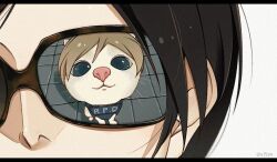  1boy 1girl ada_wong animalization black-framed_eyewear black_border black_hair blue_eyes border brown_hair cat commentary leon_s._kennedy looking_at_another police police_uniform reflective_eyewear resident_evil resident_evil_2 short_hair sunglasses tile_floor tiles twitter_username untranslatable_commentary white_background y15zw 
