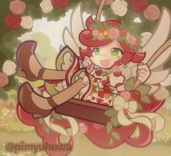  1girl blush_stickers bow braid brown_shoes commentary_request day dress earrings floral_print floral_print_dress flower flower_wreath full_body green_eyes hair_flower hair_ornament hand_up head_wreath high_heels jewelry long_hair official_style on_swing outdoors petticoat pimyuhuwa pink_flower pink_rose print_dress puffy_short_sleeves puffy_sleeves puyopuyo puyopuyo_quest red_flower red_hair red_rose rose rose_print shoes short_sleeves side_braid solo spica_(puyopuyo) swing swinging_on_swing twitter_username very_long_hair white_bow white_dress white_flower white_rose white_wings wings 