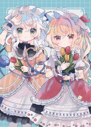  2girls adapted_costume blonde_hair blue_wrist_cuffs collared_shirt commentary_request crystal crystal_wings disembodied_linked_eye eyeball flandre_scarlet flower frilled_shirt_collar frilled_wrist_cuffs frills green_eyes grey_hair hat hat_ribbon heart heart_of_string highres hiyuu_(hiyualice) holding holding_flower komeiji_koishi mob_cap multiple_girls one_side_up pointy_ears puffy_short_sleeves puffy_sleeves red_eyes red_flower red_skirt red_tulip red_wrist_cuffs ribbon shirt short_sleeves skirt touhou tulip white_hat white_shirt white_skirt wings wrist_cuffs yellow_flower yellow_shirt yellow_tulip 