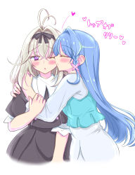  2girls absurdres affectionate aqua_vest black_bow black_hair black_hairband black_shirt black_skirt blonde_hair blush bow bow_hairband butterfly_hair_ornament closed_eyes closed_mouth collar commentary_request couple cropped_legs dress geass-takatoseedman_zenryokuss hair_intakes hair_ornament hairband hand_on_another's_arm heart highres howa_kurea howa_kurea_(civilian) hug hug_from_side kiss kissing_cheek long_hair long_sleeves meitantei_precure! moria_luluka moria_luluka_(civilian) multiple_girls one_eye_closed parted_lips precure profile raised_inner_eyebrows shirt simple_background skirt smile straight_hair translation_request very_long_hair vest violet_eyes white_background white_collar white_dress yuri 