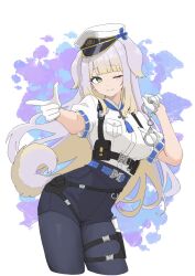  1girl absurdres animal_ears blonde_hair blue_pantyhose blue_shorts chest_harness chuckeyeroll298 closed_mouth colored_inner_hair commentary_request cropped_legs cuffs dog_ears dog_girl dog_tail fingernails gloves green_eyes grey_hair grey_tail handcuffs harness hat highres holding holding_handcuffs holster large_belt long_hair looking_at_viewer multicolored_hair nijisanji one_eye_closed pantyhose police police_hat police_uniform shioriha_ruri shioriha_ruri_(1st_costume) shirt short_sleeves shorts smile solo tail tassel_necklace thigh_holster virtual_youtuber white_background white_gloves white_hat white_shirt 
