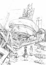  2girls bag commentary_request greyscale hat holding holding_bag maribel_hearn monochrome multiple_girls outdoors rubble ruins scenery shirt skirt standing touhou traditional_media usami_renko walking zh.x 