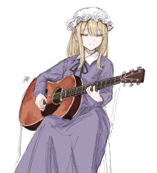  1girl absurdres black_ribbon blonde_hair closed_eyes closed_mouth collared_dress commentary_request contrast_collar cowboy_shot dress guitar hat highres instrument kashiwada_kiiho long_hair long_sleeves maribel_hearn mob_cap neck_ribbon playing_guitar playing_instrument purple_dress ribbon signature simple_background sitting solo touhou white_background white_hat 