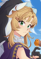  1girl :/ bird bird_on_hand black_gloves black_veil blue_sky brown_hair cape closed_mouth clouds from_side gloves green_eyes hand_up hayde_ink looking_at_viewer partially_fingerless_gloves portrait purple_cape reverse:1999 rhiannon_(reverse:1999) short_hair sky solo veil 