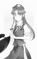  1girl beret bow braid breasts collared_shirt commentary_request greyscale hair_bow hat hat_ornament highres holding holding_ladle hong_meiling ladle long_hair looking_at_viewer monochrome neck_ribbon ribbon riki6 shirt skirt small_breasts smile solo star_(symbol) star_hat_ornament touhou twin_braids vest wok 