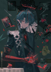  1boy absurdres antenna_hair apple arknights arknights:_endfield armor asymmetrical_bangs bat_(animal) black_jacket black_shirt blue_eyes blue_hair broken_mirror camille_(arknights) candle candlelight candlestand chest_jewel commentary cowboy_shot crystal crystal_earrings earrings english_commentary flower food food_bite fork fruit gem gloves glowing glowing_eyes halo highres indoors jacket jewelry knife long_pointy_ears male_focus mirror multicolored_hair painting_(object) pauldrons petals phonograph pointy_ears red_flower red_gloves red_halo red_petals red_pupils red_rose red_streaks ring rose shirt short_hair shoulder_armor shoulder_belt single_pauldron solo streaked_hair table tablecloth thorns tr41sen under-elbow_gloves vampire 
