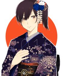  1girl 2018 alternate_costume black_hair blue_flower blush brown_eyes closed_mouth flag_background floral_print flower hair_between_eyes hair_flower hair_ornament hand_on_own_chest japanese_clothes japanese_flag kaga_(kancolle) kantai_collection kimono long_sleeves looking_at_viewer manaka_(gunjooou) new_year obi sash side_ponytail simple_background solo upper_body 