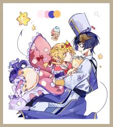  1boy 1girl artist_name aurora_sya_lis_kaymin aurora_sya_lis_kaymin_(cosplay) black_hair blonde_hair blunt_ends border bow brown_border cassock chopgiu closed_mouth cosplay demon_cleric demon_cleric_(cosplay) dress eyelashes eyeliner fingernails frilled_pillow frilled_sleeves frills genshin_impact goat_horns gold_tiara gold_trim hair_ornament hand_on_another's_arm hat hetero highres horns hug layered_sleeves long_sleeves looking_at_another lumine_(genshin_impact) makeup maou-jou_de_oyasumi mitre open_mouth pillow pink_dress pink_sleeves polka_dot polka_dot_dress purple_sleeves red_bow red_eyeliner robe scaramouche_(genshin_impact) short_hair short_hair_with_long_locks sidelocks star_(symbol) star_in_eye stuffed_animal stuffed_toy symbol_in_eye teddy_bear teeth tiara upper_teeth_only violet_eyes white_background white_hat white_robe white_sleeves yellow_eyes 