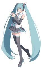  1girl absurdres aqua_eyes aqua_hair aqua_necktie aqua_trim bare_shoulders black_boots black_skirt black_sleeves boots collared_shirt commentary_request detached_sleeves full_body hair_between_eyes hair_ornament hatsune_miku headset highres long_hair necktie number_tattoo open_mouth own_hands_together piano_print pleated_skirt shiratakiseaice shirt shoulder_tattoo simple_background skirt sleeveless sleeveless_shirt smile solo tattoo teeth thigh_boots tie_clip twintails upper_teeth_only very_long_hair vocaloid white_background white_shirt wide_sleeves wing_collar zettai_ryouiki 