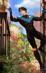  1boy batman_(series) black_bodysuit black_hair blue_bodysuit bodysuit commentary_request covered_abs dc_comics dick_grayson escrima_sticks highres male_focus multicolored_bodysuit nightwing outdoors smallstarrrr solo spiky_hair superhero_costume taut_bodysuit taut_clothes toned toned_male two-tone_bodysuit 