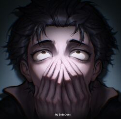  1boy absurdres black_hair brown_eyes commentary covered_mouth english_commentary highres higuruma_stressed_out_(meme) jujutsu_kaisen meme natsuki_subaru parody re:zero_kara_hajimeru_isekai_seikatsu short_hair solo sudodoesart track_suit 