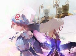  2girls 6+others ambiguous_gender blonde_hair blue_hat blue_kimono closed_mouth commentary_request dress frilled_kimono frills hat highres holding holding_staff holding_umbrella japanese_clothes kimono long_hair mob_cap multiple_girls multiple_others parasol pink_eyes pink_hair purple_dress riki6 saigyouji_yuyuko shakujou sleeve_garter smile staff touhou triangular_headpiece umbrella white_umbrella yakumo_yukari 